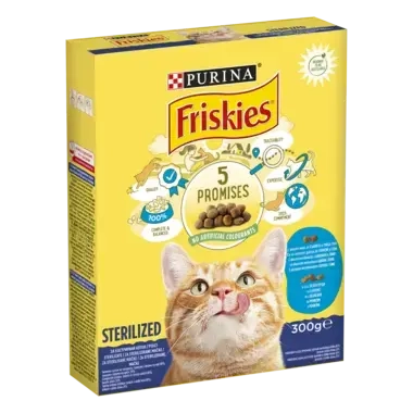 PURINA®FRISKIES® STERILISED за котки в зряла възраст,Сьомга и Зеленчуци, суха храна, 300g