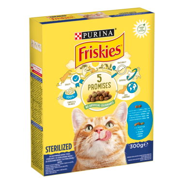 PURINA®FRISKIES® STERILISED за котки в зряла възраст,Сьомга и Зеленчуци, суха храна, 300g