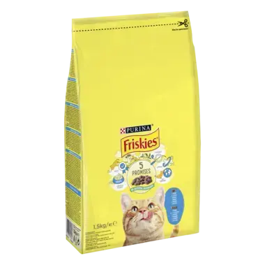 PURINA®FRISKIES® за котки в зряла възраст, Сьомга и Зеленчуци, суха храна, 1,5kg