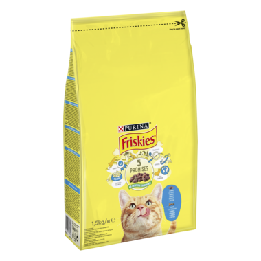 PURINA®FRISKIES® за котки в зряла възраст, Сьомга и Зеленчуци, суха храна, 1,5kg