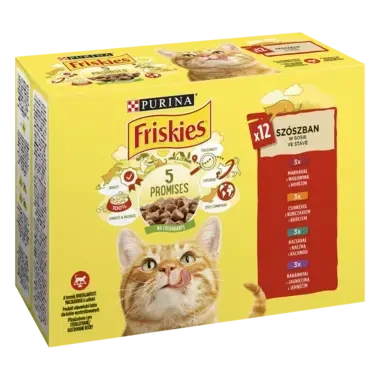 PURINA®FRISKIES® за котки в зряла възраст,Хапки в сос, с Месо Мокра храна,Пауч, Мултиопаковка 12х85g