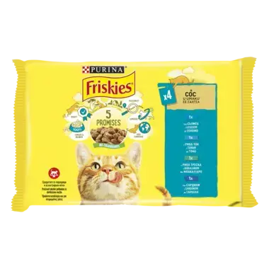 PURINA®FRISKIES® за котки в зряла възраст,Хапки в сос,Сьомга/ Риба тон/Риба Треска/ Сардина, Мокра храна,Пауч, Мултиопаковка