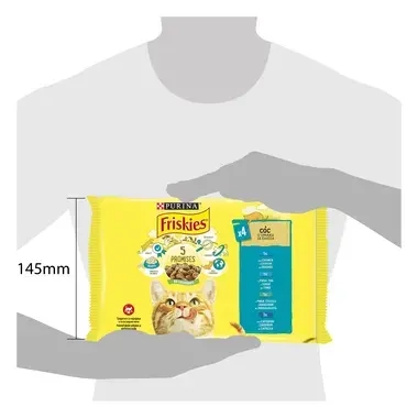 PURINA®FRISKIES® за котки в зряла възраст,Хапки в сос,Сьомга/ Риба тон/Риба Треска/ Сардина, Мокра храна,Пауч, Мултиопаковка