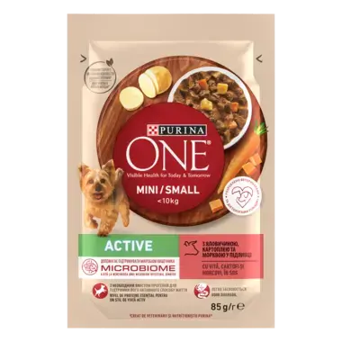 PURINA ONE MINI Active, с говеждо месо и картофи, мокра храна за кучета