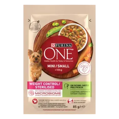 PURINA ONE® Mini Dog Weight Control, мултиопаковка за кучета от дребни породи за контрол на теглото, с Пуйка 85g