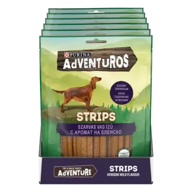 PURINA® ADVENTUROS ® Strips Лакомство за кучета в зряла възраст,Еленско, 90g
