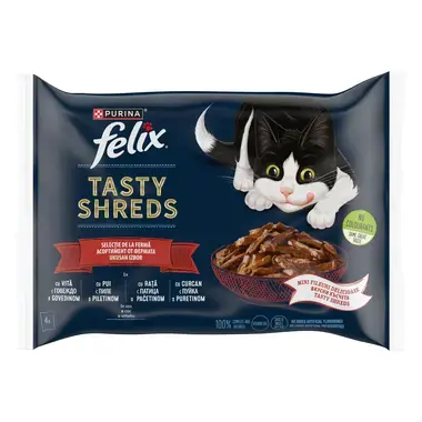 PURINA® FELIX® Tasty Shreds Асортимент от фермата - с пиле, с говеждо, с патица, с пуйка в сос, 4х80г