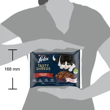 PURINA® FELIX® Tasty Shreds Асортимент от фермата - с пиле, с говеждо, с патица, с пуйка в сос, 4х80г