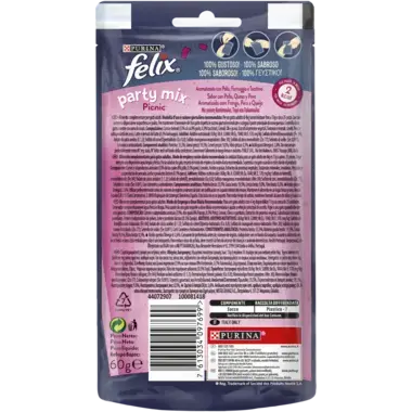 Felix® Party Mix Picnic. Допълваща суха храна за възрастни котки. Лакомство с с вкус на пиле, сирене и пуешко 60 г