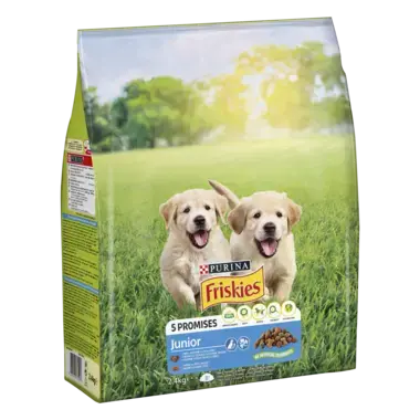 PURINA® FRISKIES® Junior, с пилешко месо и зеленчуци, суха храна за кучета, 2.4 кг