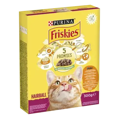 PURINA®FRISKIES® HAIRBALL, с пилешко месо и зеленчуци, суха храна за котки, 300 г