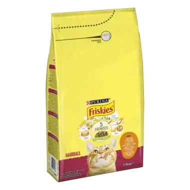PURINA®FRISKIES® HAIRBALL, с пилешко месо и зеленчуци, суха храна за котки, 1.5 кг