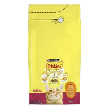 PURINA®FRISKIES® HAIRBALL, с пилешко месо и зеленчуци, суха храна за котки, 1.5 кг