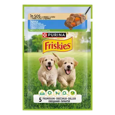 PURINA®FRISKIES® Junior, с пилешко месо и моркови в сос, мокра храна за кучета, 85г