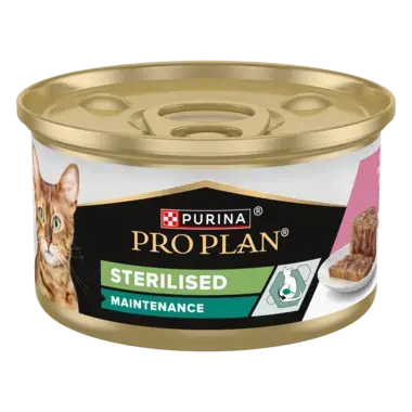 PURINA ® PRO PLAN ® STERILISED, за кастрирани котки в зряла възраст, с високо съдържание на риба тон и сьомга, 85g