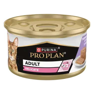PURINA ® PRO PLAN ® DELICATE, за котки в зряла възраст с чувствително храносмилане, с високо съдържание на пуйка, 85g 