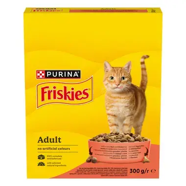 PURINA®FRISKIES® Adult, с говеждо месо, пилешко месо и зеленчуци, суха храна за котки, 300 г