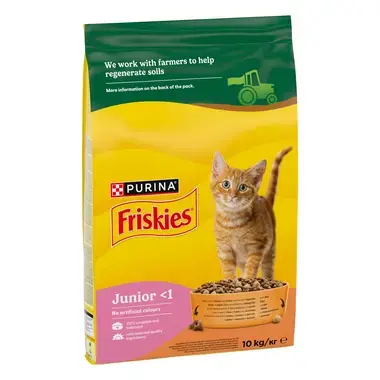 Purina Friskies® Junior с вкусна комбинация от пиле и пуйка с мляко и зеленчуци 10kg