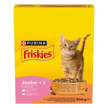 PURINA®FRISKIES® Junior, с пилешко, прясно мляко и зеленчуци, суха храна за котки, 300 г