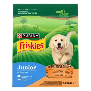 PURINA® FRISKIES® Junior суха храна за кучета с пиле, зеленчуци и мляко 2,4 kg