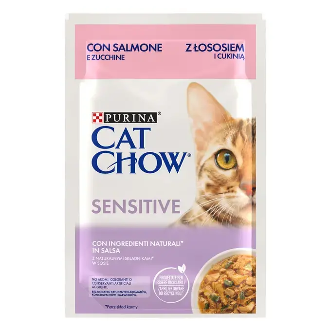 PURINA® CAT CHOW®  SENSITIVE, за котки с чувствителен стомах над 1 година със Сьомга и Тиква, Мокра храна,  Пауч в сос